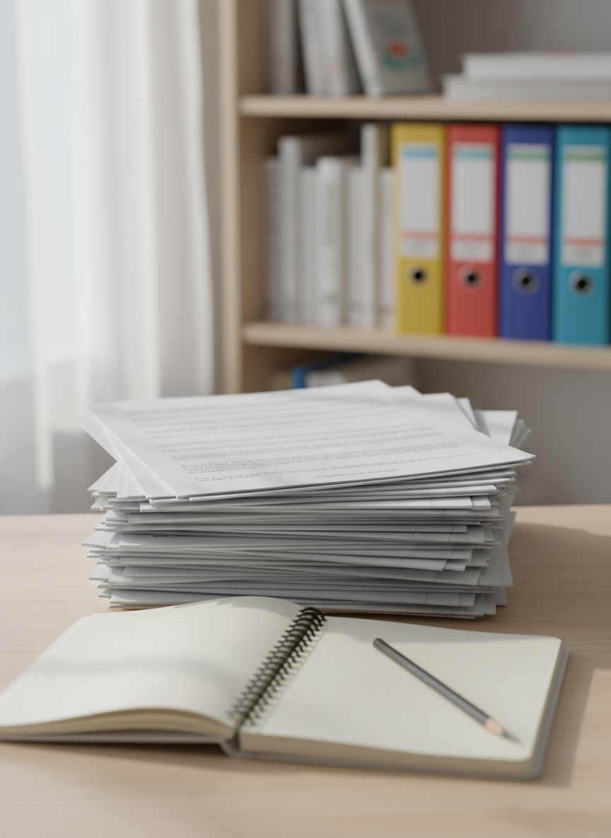 A neat stack of printed student essays spread across a pale wooden study desk, each page slightly offset to reveal dense paragraphs and handwritten margin notes suggested by faint gray markings rather than readable text. An open notebook with a sharpened graphite pencil lies in the foreground, its creamy pages unmarked and inviting. In the background, blurred shelves of academic books and binders create context without distraction. Soft morning light filters in from a window to the left, casting gentle shadows and subtle highlights along the paper edges. Photographic realism, shot at eye level with a shallow depth of field, creates a calm, professional atmosphere ideal for a student essay archive homepage.
