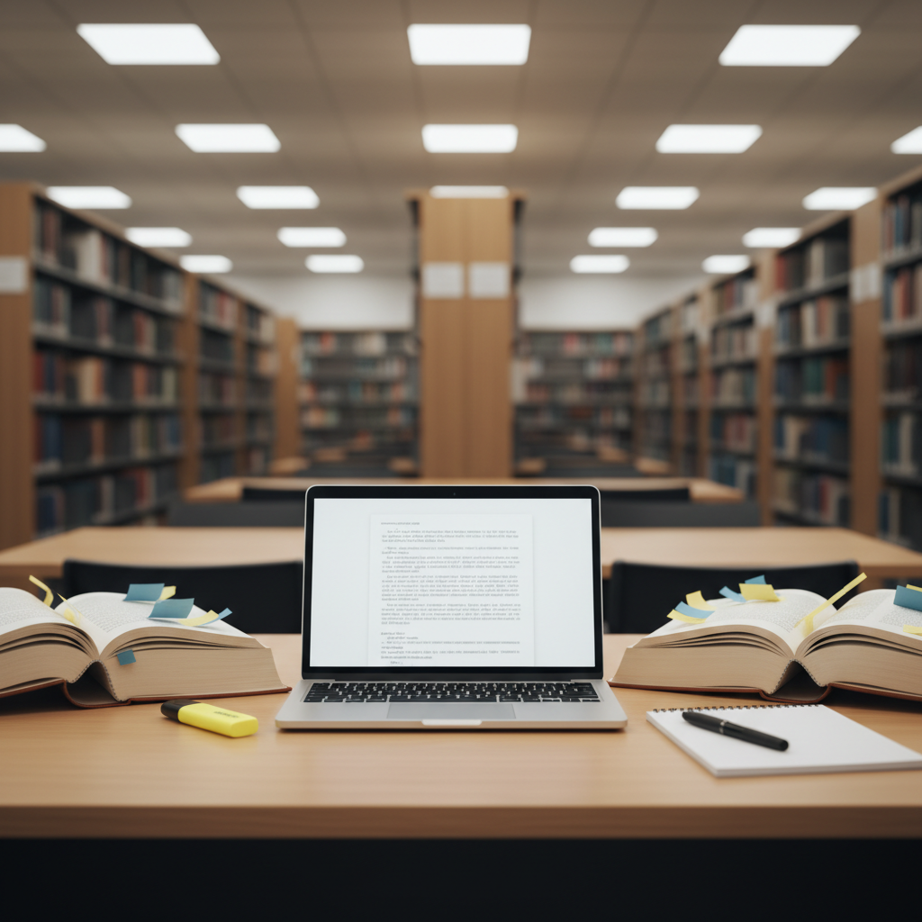 An open laptop on a tidy library table displaying a softly blurred, text-filled document, flanked by two thick reference books opened to mid-chapter, their cream-colored pages slightly curled. Sticky tabs in muted blues and yellows peek from the book edges as abstract hints of organization without legible writing. The table surface is a smooth light oak, with a single highlighter and pen resting beside a blank notepad. Overhead, diffused ceiling lights create even, gentle illumination, while tall bookshelves dissolve into a soft bokeh in the background. Photographic realism, eye-level composition with a centered focus on the workspace, conveying focused research and academic professionalism.